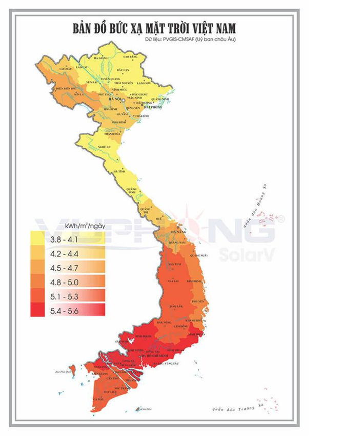 Bản đồ cường độ bức xạ mặt trời tại Việt Nam
