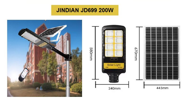 Kích thước đèn đường năng lượng mặt trời 200W Jindian JD699